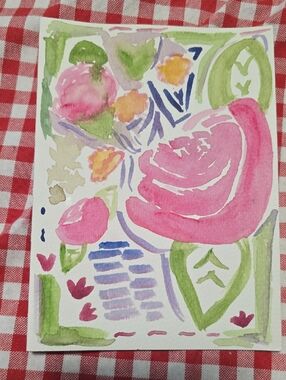 Hand-Painted Floral Watercolor Artwork - Pink & Green Roses CARD